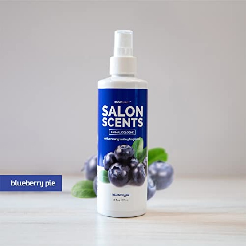 Bark2Basics Salon Scents 애완동물 미용 코롱 - 8온스, 개와 고양이를 위한 천연 전문 그루머 등급 향수 탈취제, 오래 지속되고 탈취(블루베리 파이)