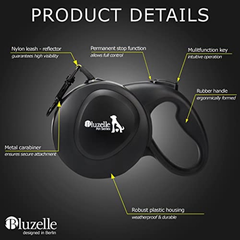 BLUZELLE 26피트 개폐식 개 끈 최대 110lbs, 밝은 네온 노란색 반사경 나일론 벨트, 360° 스냅 후크 금속, 안정적인 제동 시스템 한 손 조작 인체공학적 고무 손잡이, 검정색