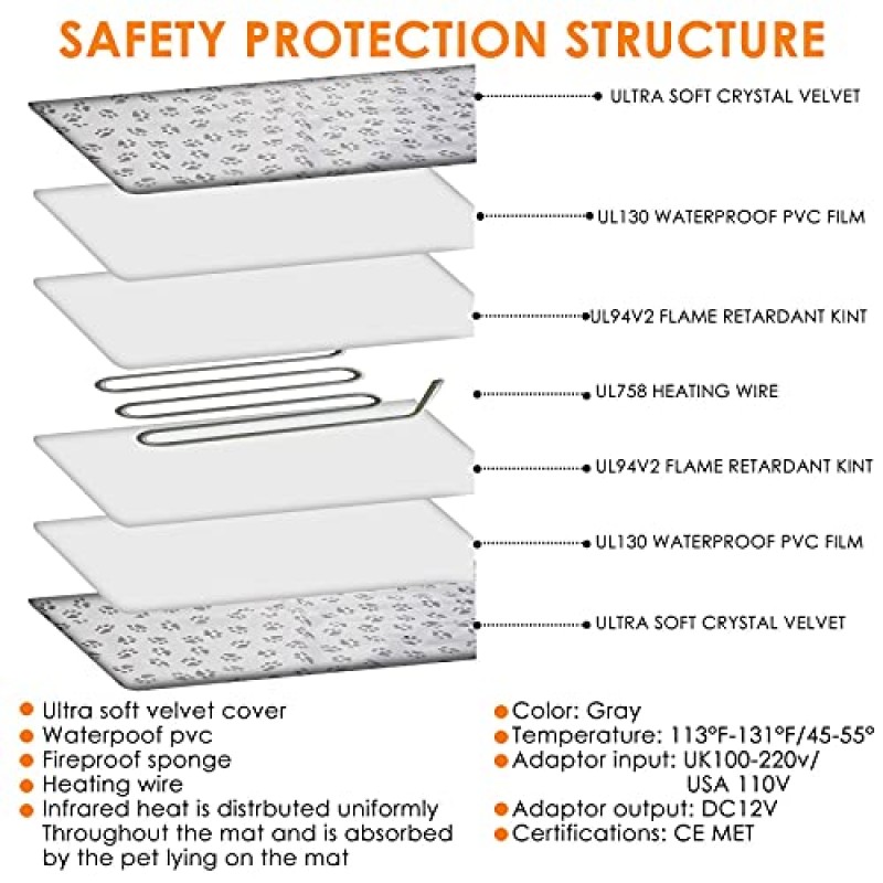 대형 개 침대용 개 난방 패드 애완 동물 야외 실내, 개집용 전기 난방 매트 소형 중형 애완 동물 고양이 강아지용 상자 패드 방수 간편하고 깨끗한 긴 씹는 증거 코드 회색, 34x21