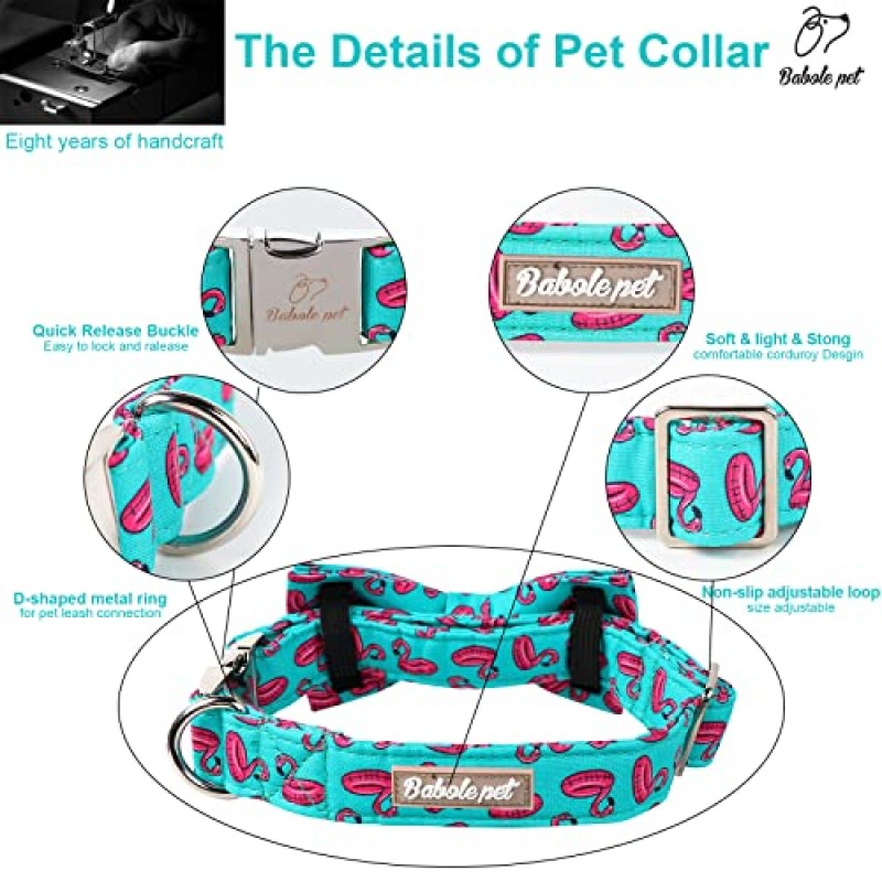 나비 넥타이가 있는 Babole 애완견 목걸이, 안전 금속 버클이 있는 녹색 플라밍고 개 목걸이 소형 중형 대형견용 조절 가능한 강아지 목걸이, 소년 및 소녀 개 목걸이 선물, L자형 16