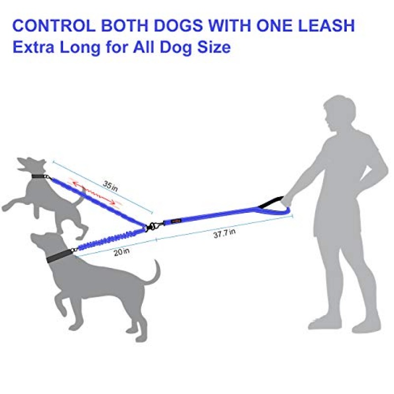 U-pick 듀얼 개 가죽끈, 더블 개 가죽끈, 두 마리의 개를 위한 충격 흡수 반사 번지, 폐기물 봉투 디스펜서 및 클리커 진한 파란색이 있는 360 회전 엉킴 방지 워킹 가죽끈
