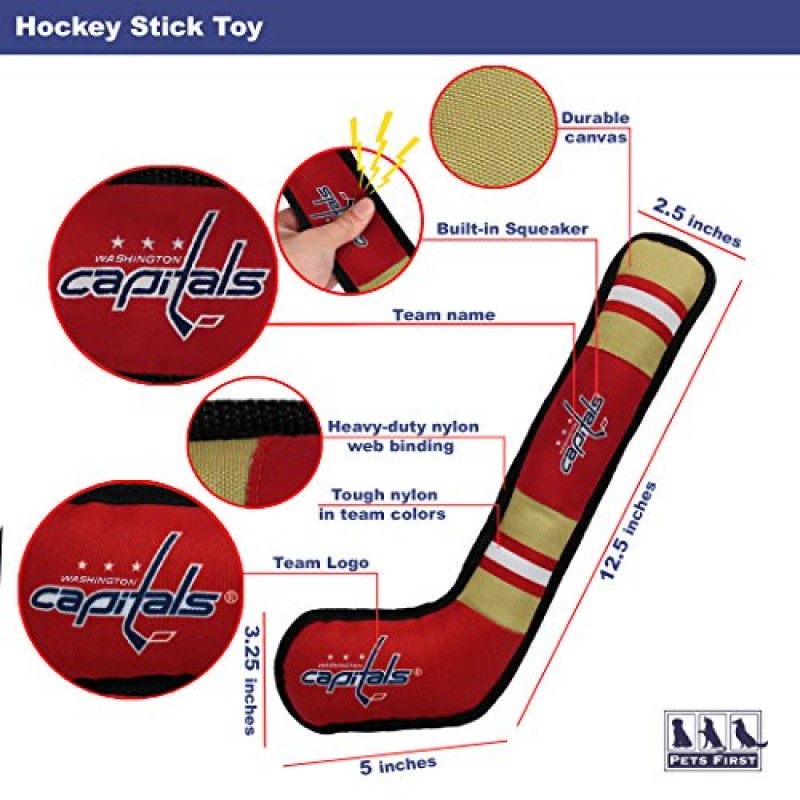 애완동물 첫 번째 개 장난감 NHL Washington Capitals 라이선스를 받은 내부 삐걱거리는 소리가 있는 견고한 나일론 개와 고양이용 하키 스틱 장난감 애완동물과 함께 하키 놀이 , 16인치(1팩)(CAP-3232)