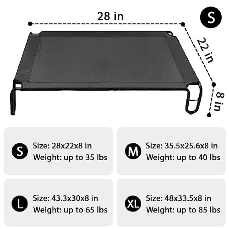 pettycare 높은 개 침대 간이 침대, 대형견용으로 올려짐, 나사 없음, 안정적인 프레임 및 내구성이 뛰어난 지지형 테슬린 재활용 가능 메쉬, 통기성, 실내 및 실외 애완 동물 침대, 최대 35파운드, 28x22x8인치에 적합