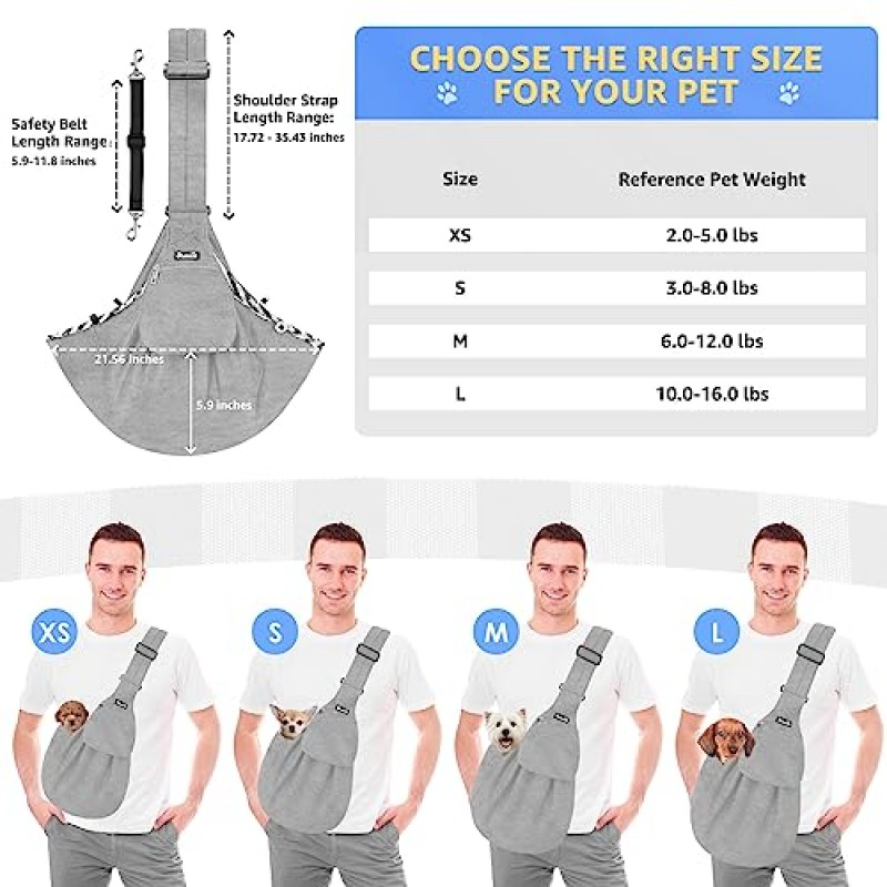 소형견용 SlowTon 반려견 캐리어 - 두꺼운 패딩 처리된 조절 가능한 어깨 끈 반려견 슬링 캐리어, 전면 지퍼 포켓이 있는 애완 동물 고양이용 강아지 지갑 안전 벨트 기계 세탁 가능(회색 니트 원단, L)