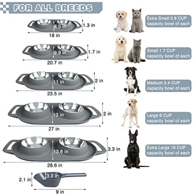 Wesen 애완견 그릇 2개의 손잡이가 있는 스테인레스 스틸 개 그릇 유출 없음 미끄럼 방지 실리콘 매트 및 음식 국자 물 및 음식 공급기 소형 중형견을 위한 여행 그릇 고양이 강아지