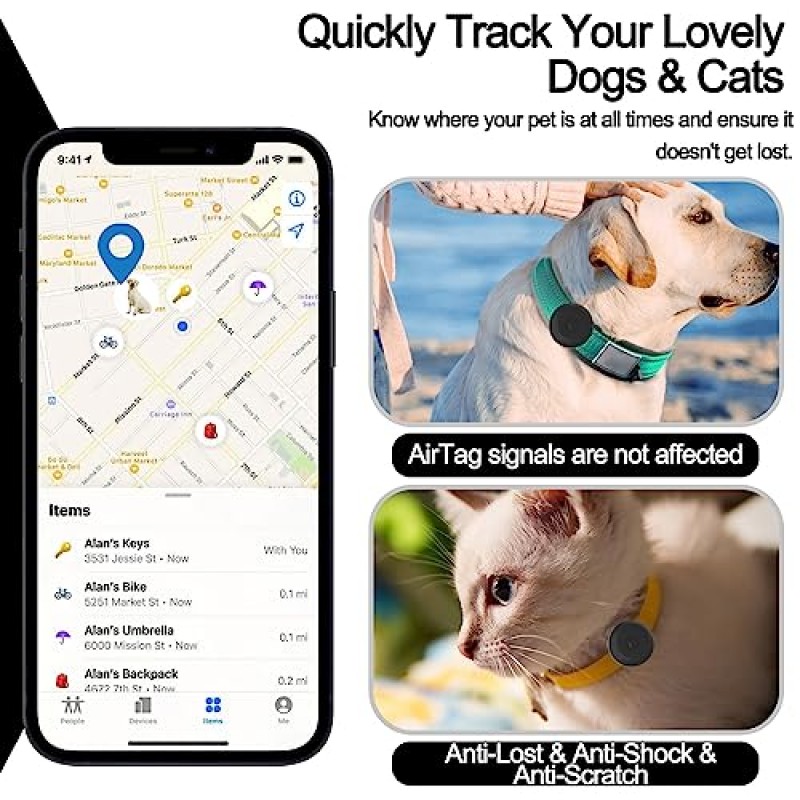 2 팩 IPX8 방수 에어태그 개 목걸이 홀더, 고양이 목걸이용 숨겨진 에어 태그 케이스, 애완동물 루프와 호환되는 에어태그 GPS 추적기용 분실 방지 실리콘 커버, 모든 너비 칼라에 적합(검정색, 네이비블루 M)