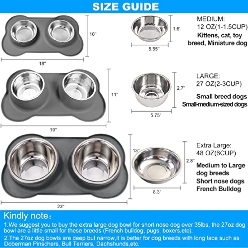 AsFrost 개밥 그릇, 2 개의 스테인레스 스틸 개밥 물 그릇 세트, 유출 없음 미끄럼 방지 실리콘 개 그릇 매트, 중형 대형 소형 개용 개 요리 애완 동물 강아지