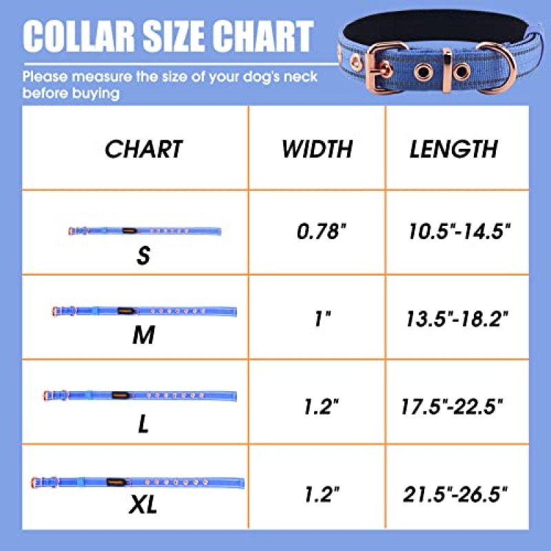 Yunleparks 네오프렌 패딩 개 목걸이, 소형 중형 대형견용 나일론 개 목걸이, 금속 버클이 있는 헤비 듀티 개 목걸이, 조절 가능한 반사 개 목걸이(소형, 파란색)