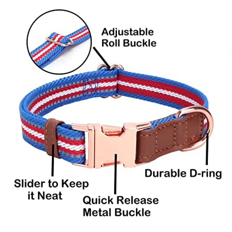 개 목걸이 반사형, 멀티 컬러 스트라이프 개 목걸이, 소형 중형 대형견용 금속 버클이 있는 부드러운 조절형 개 목걸이, 완벽한 애완 동물 목걸이 선물(파란색, L)