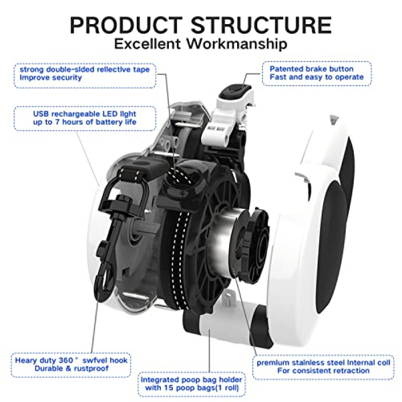 Augegel 16피트 개폐식 개 가죽끈(가벼운 & 똥 가방 디스펜서 포함), 중대형견용 튼튼한 개 미끄러짐 가죽끈, 미끄럼 방지 핸들 및 360° 엉킴 방지, 원버튼 브레이크 및 잠금 장치(L(최대 110lbs))