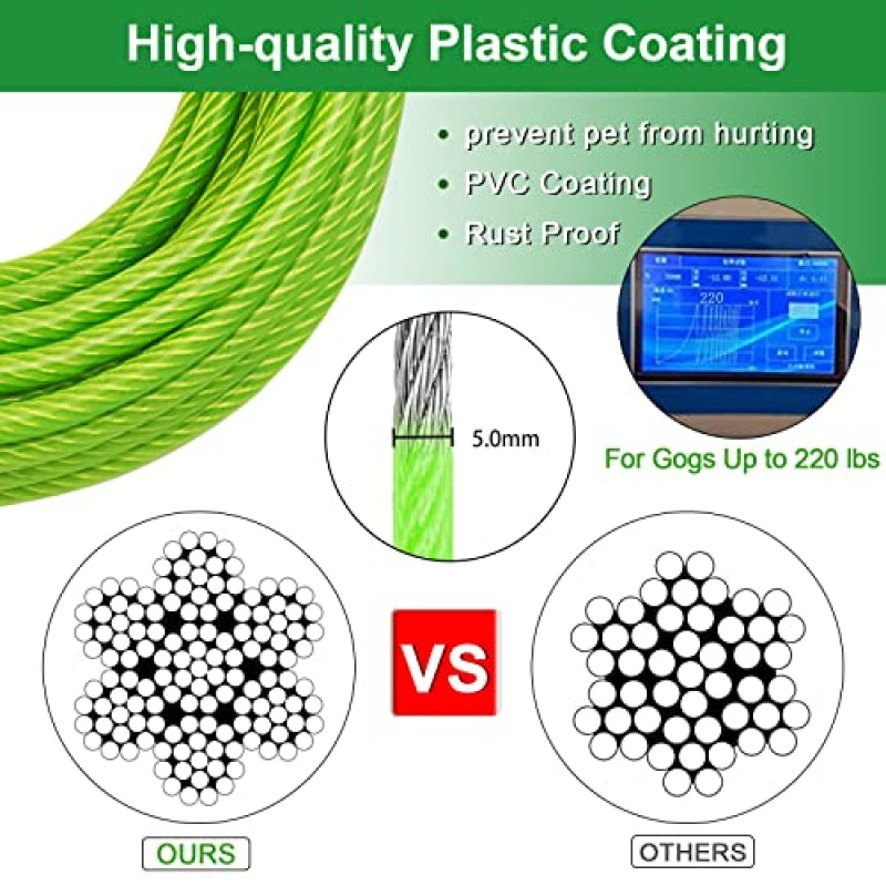 스프링 개용 타이 아웃 케이블, 10/20/30/50FT 긴 개 가죽끈, 야드 헤비 듀티용 개 러너, 외부용 개 체인, 캠핑 또는 야드에서 야외 훈련을 위한 튼튼한 긴 라인 리드(녹색, 10피트)