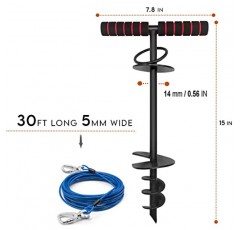 Sliridog 30FT 개 타이 아웃 케이블 및 스테이크 - 최대 190lbs의 대형견용 고강도 개 앵커, 마당, 캠핑 또는 해변, 야외용 프리미엄 개 스테이크(30FT 케이블 및 스테이크, 검정색)