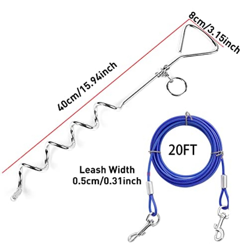 개 타이 아웃 케이블 및 스테이크, 캠핑 및 마당용 20피트 외부 개 가죽끈 및 체인, 중대형견용 16' 견고한 녹 방지 나선형 스테이크 최대 125파운드(20피트, 파란색)