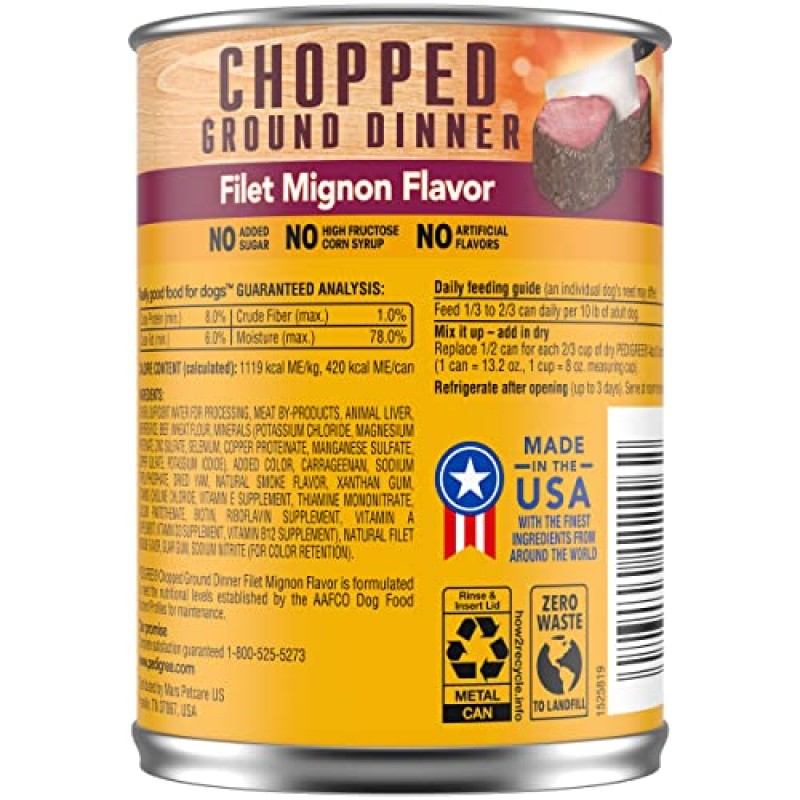 PEDIGREE CHOPPED GROUND DINNER 성인용 부드러운 습식 개 사료 통조림, 필레 미뇽 맛, 13.2 oz. 캔(12개 팩)