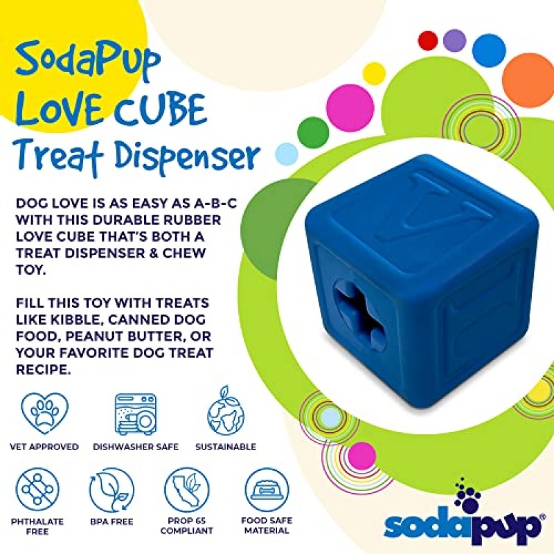 SodaPup Love Cube – 정신 자극, 문제 씹기, 신경 진정 등을 위한 무독성, 애완동물 안전, 식품 안전 천연 고무 소재로 미국에서 제조된 내구성이 뛰어난 개 간식 디스펜서 및 씹는 장난감