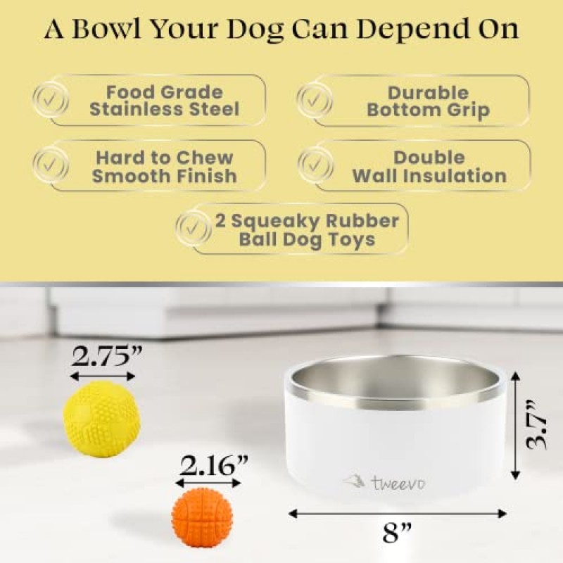 고무 볼 2개가 포함된 Tweevo 스테인레스 스틸 강아지 그릇, 내구성이 뛰어난 미끄럼 방지 강아지 그릇, 절연 강아지 사료 또는 애완동물 먹이용 물그릇(64온스, 흰색)