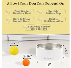 고무 볼 2개가 포함된 Tweevo 스테인레스 스틸 강아지 그릇, 내구성이 뛰어난 미끄럼 방지 강아지 그릇, 절연 강아지 사료 또는 애완동물 먹이용 물그릇(64온스, 흰색)