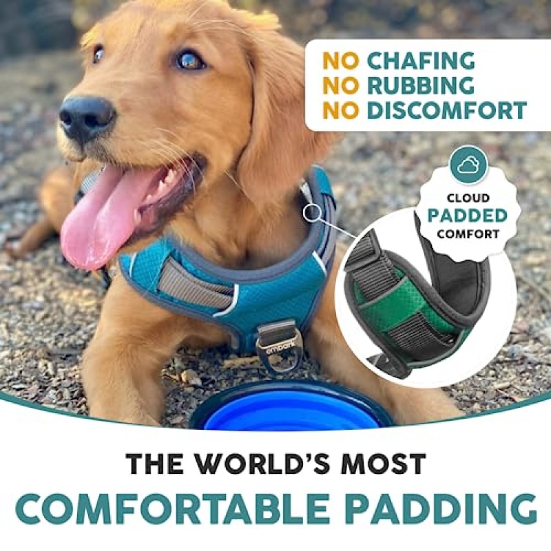 Embark Adventure Dog Harness 중형, 소형 및 대형견을 위한 당기지 않는 개 하네스입니다. 가죽 끈 클립 2개, 전면 및 후면 제어 손잡이 포함, 조절 가능한 녹색 개 조끼, 편안함을 위해 부드럽고 패딩 처리됨