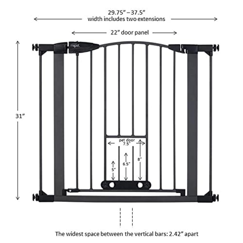 MYPET North States 31인치 높이의 FurSure Arch EasyPass 애완동물 게이트: 조정 가능한 소형 애완동물 도어가 장착되어 있습니다. 금속 막대를 오르기 어렵습니다. 압력 마운트. 너비 29.75인치~37.5인치에 적합(높이 31인치, 흑연)