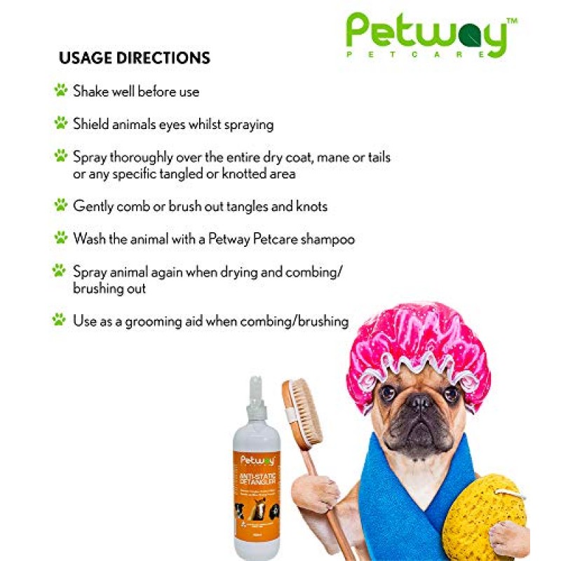 Petway Petcare 정전기 방지 디탱글러, 개, 고양이 및 말용 매트 제거 스프레이, 인산염, 파라벤 및 효소 없음, 엉킴 제거제, 일일 미용 보조제, 비누 및 인공 향 무첨가, 500ml