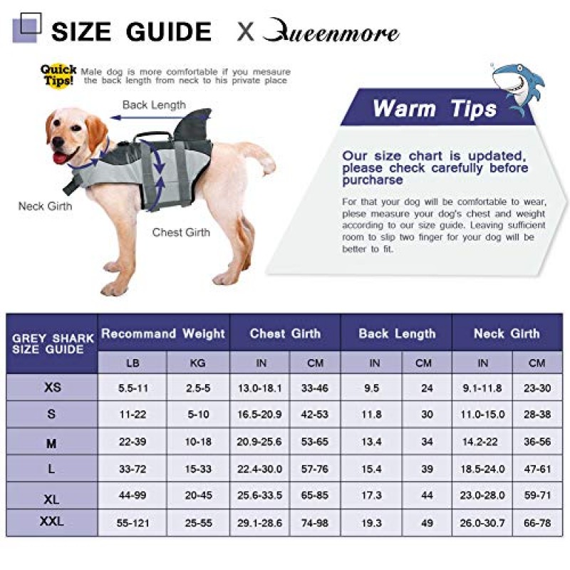 Queenmore 개 구명 조끼 립스톱 상어 개 안전 조끼 소형, 중형, 대형견, 회색 상어 소형을 위한 높은 부력과 내구성이 있는 구조 손잡이가 있는 조절 가능한 보호대