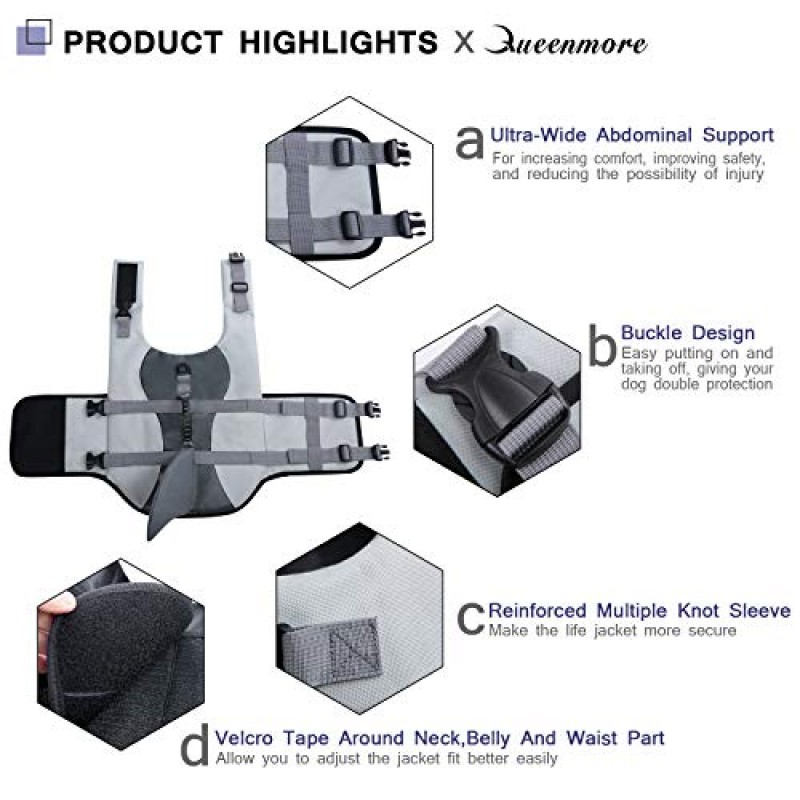 Queenmore 개 구명 조끼 립스톱 상어 개 안전 조끼 소형, 중형, 대형견, 회색 상어 소형을 위한 높은 부력과 내구성이 있는 구조 손잡이가 있는 조절 가능한 보호대