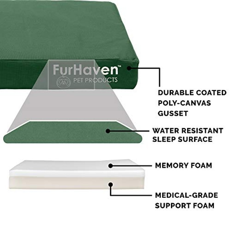 Furhaven 대형/중형견용 방수 메모리폼 반려견 침대, 탈착식 세탁 가능 커버 포함, 최대 55lbs의 반려견용 - 실내/실외 로고 프린트 옥스퍼드 폴리캔버스 매트리스 - 숲속, 대형