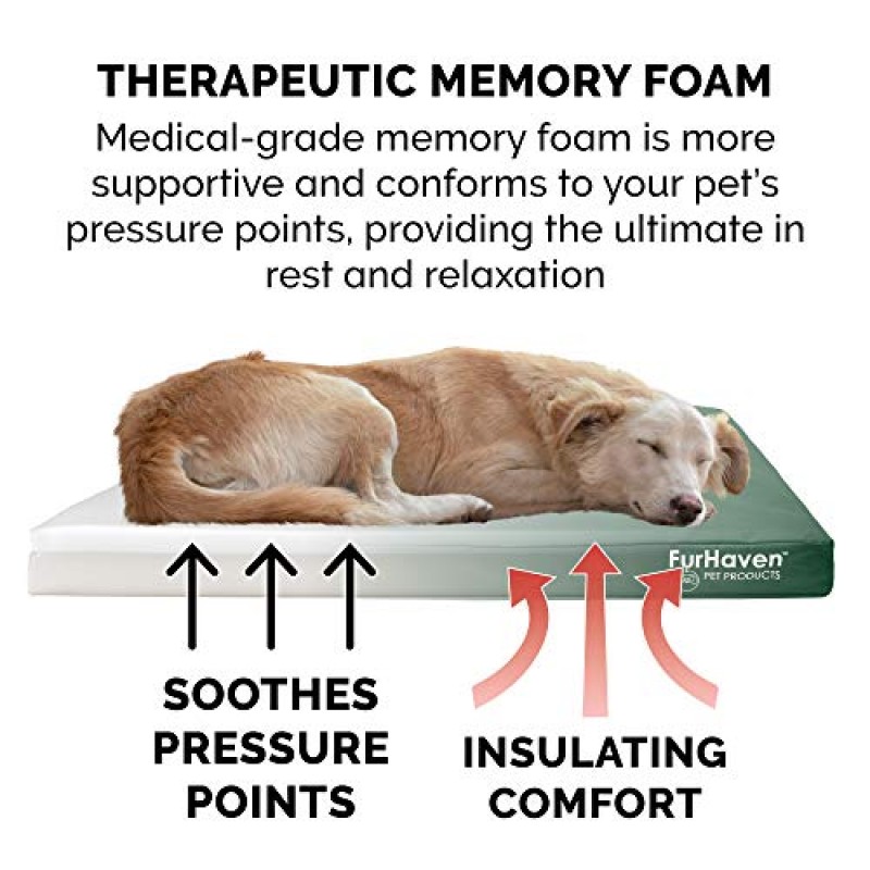 Furhaven 대형/중형견용 방수 메모리폼 반려견 침대, 탈착식 세탁 가능 커버 포함, 최대 55lbs의 반려견용 - 실내/실외 로고 프린트 옥스퍼드 폴리캔버스 매트리스 - 숲속, 대형