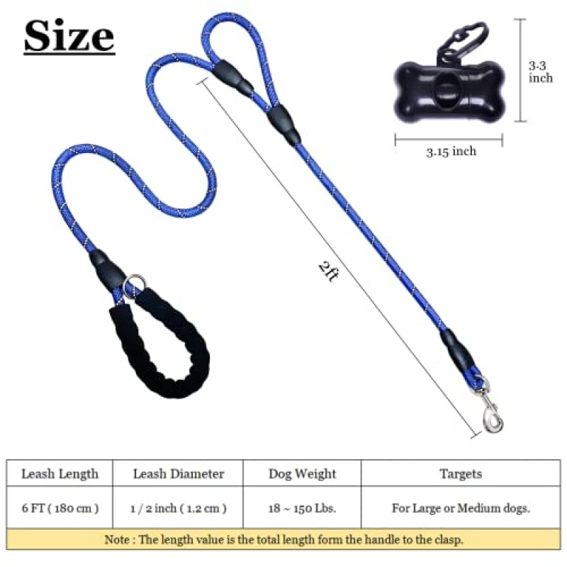 XvisPet 5/6 FT 이중 핸들 개 가죽끈(패딩 처리된 손잡이 포함), 제어 안전 훈련을 위한 교통 손잡이가 있는 튼튼한 튼튼한 개 가죽끈, 대형 품종 늪지/중형견용 개 밧줄 리드