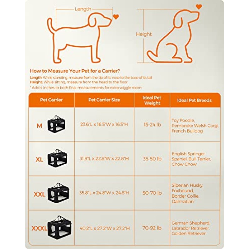 Feandrea 개 상자, 접이식 애완동물 캐리어, XXL, 휴대용 소프트 개 상자, 옥스포드 직물, 메쉬, 금속 프레임, 손잡이 포함, 보관 주머니, 35.8 x 24.8 x 24.8인치, 검정색 UPDC90H