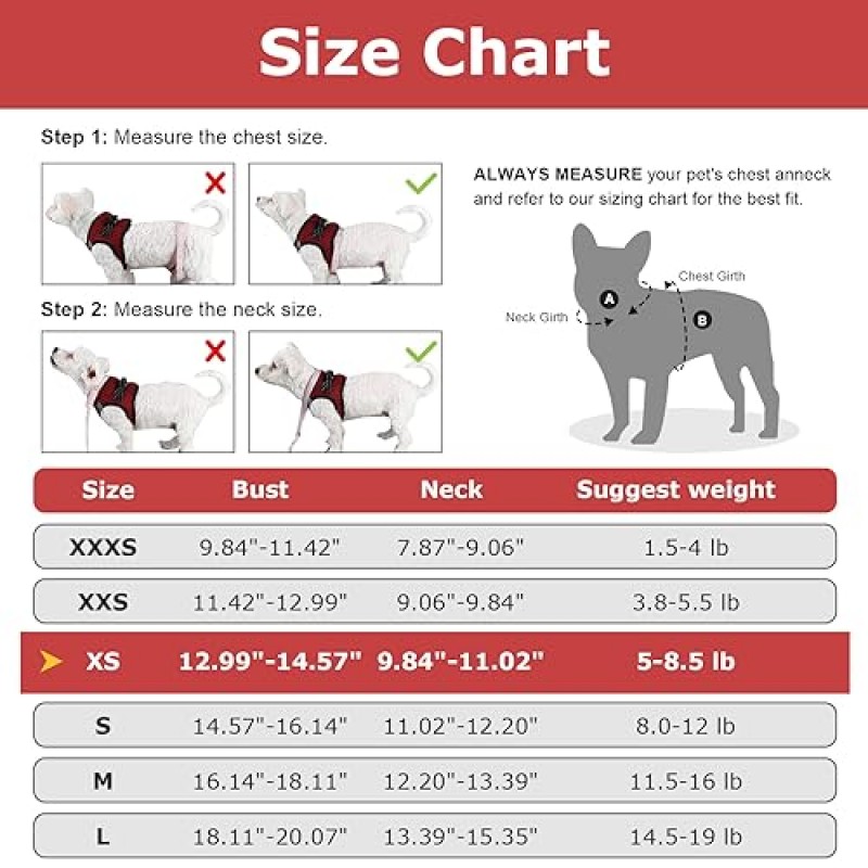 초소형 개 하네스 전천후 다이아몬드 메쉬 반사 초소형 개 하네스 강아지 소형견 및 고양이용 경량 조끼 하네스에 당김 단계 없음, 빨간색, XS