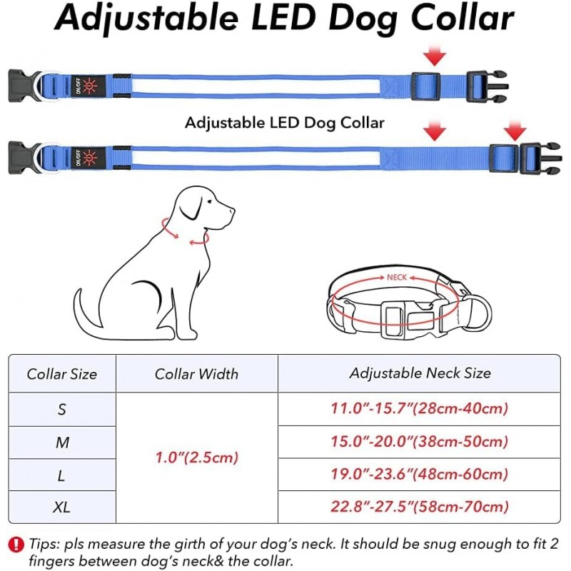 Illumifun LED 개 목걸이, 강아지 산책 캠핑을 위한 USB 충전식 개 목걸이 라이트(블루, 대형)