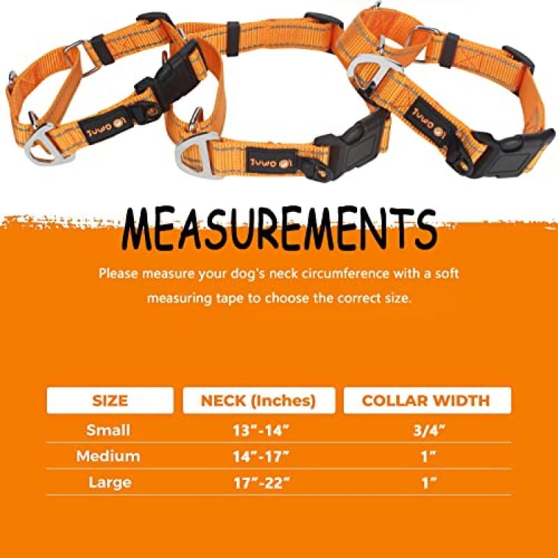 JuWow Martingale 나일론 안전 훈련 칼라, 소형 중형 대형견용 버클 반사 조절식 헤비 듀티 슬립 칼라, 훈련용 당기지 않는 훈련 칼라(주황색, 17-22