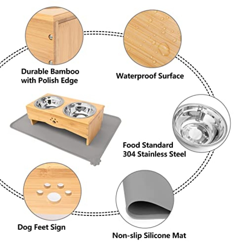 중소형 개를 위한 높은 개 그릇 스탠드, 대나무 높은 개 사료 및 물그릇 급식 홀더(매트 포함 높이 5인치, 대나무)