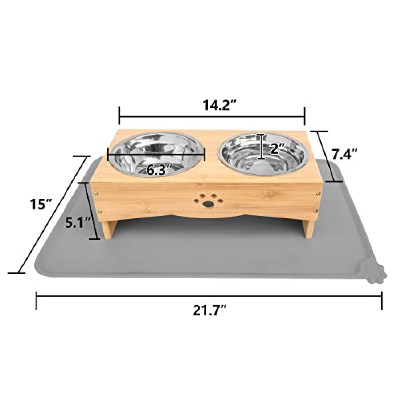 중소형 개를 위한 높은 개 그릇 스탠드, 대나무 높은 개 사료 및 물그릇 급식 홀더(매트 포함 높이 5인치, 대나무)
