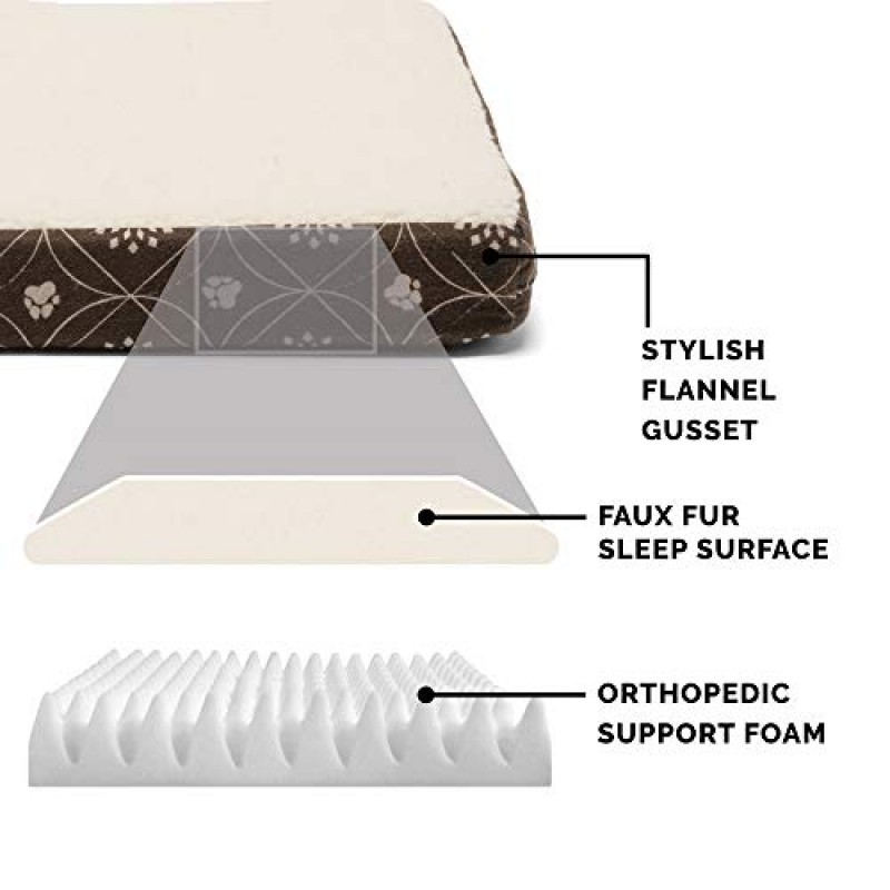 Furhaven 소형견용 정형외과용 개 침대, 탈착식 세탁 가능 커버 포함, 최대 20파운드의 개용 - 셰르파 & 플란넬 발 프린트 디럭스 매트리스 - 다크 에스프레소, 소형