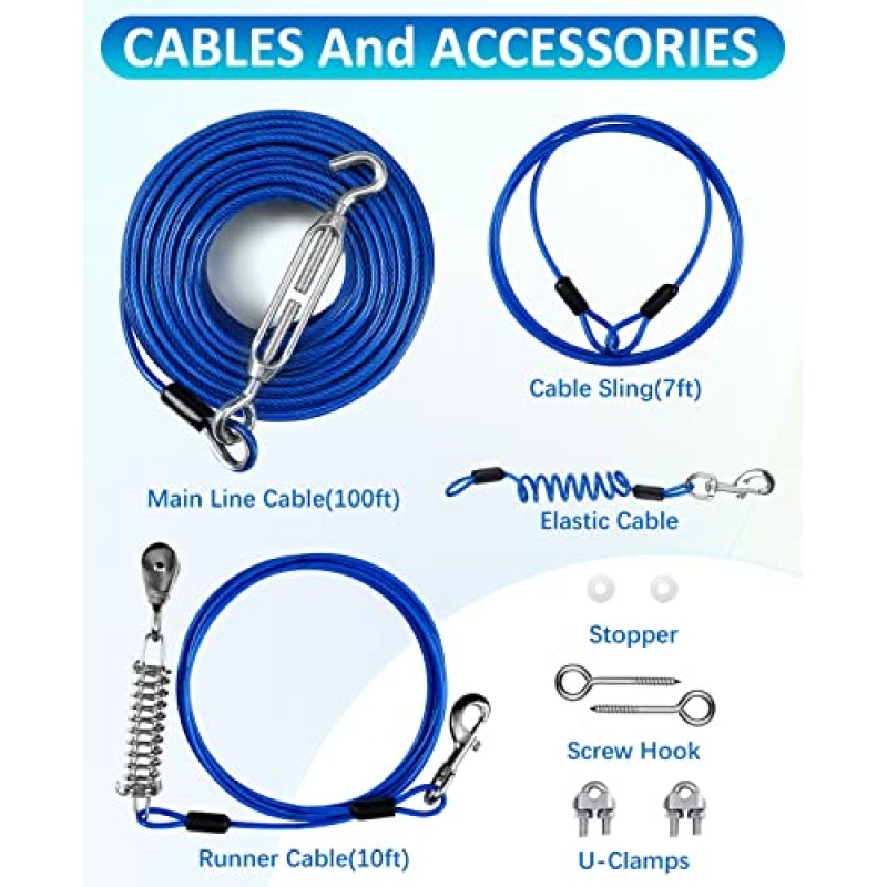 Duckygoo 업그레이드된 마당용 개 러너, 대형견용 탄성 케이블이 있는 개 트롤리 시스템, 10피트 개 리드가 있는 100피트 개 타이 아웃 케이블, 마당용 개 러너 집라인, 캠핑 장비용 야외 개 달리기