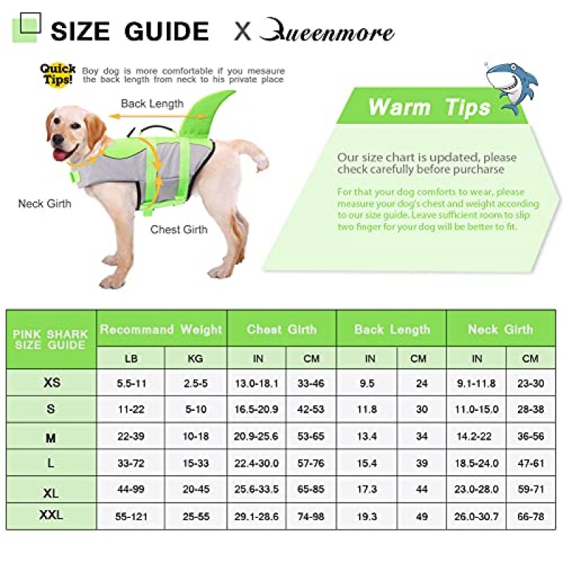 Queenmore 개 구명 조끼 립스톱 상어 개 안전 조끼 소형, 중형, 대형견, Green Shark XX-Large를 위한 높은 부력과 내구성이 있는 구조 핸들이 있는 조절 가능한 보호 장치