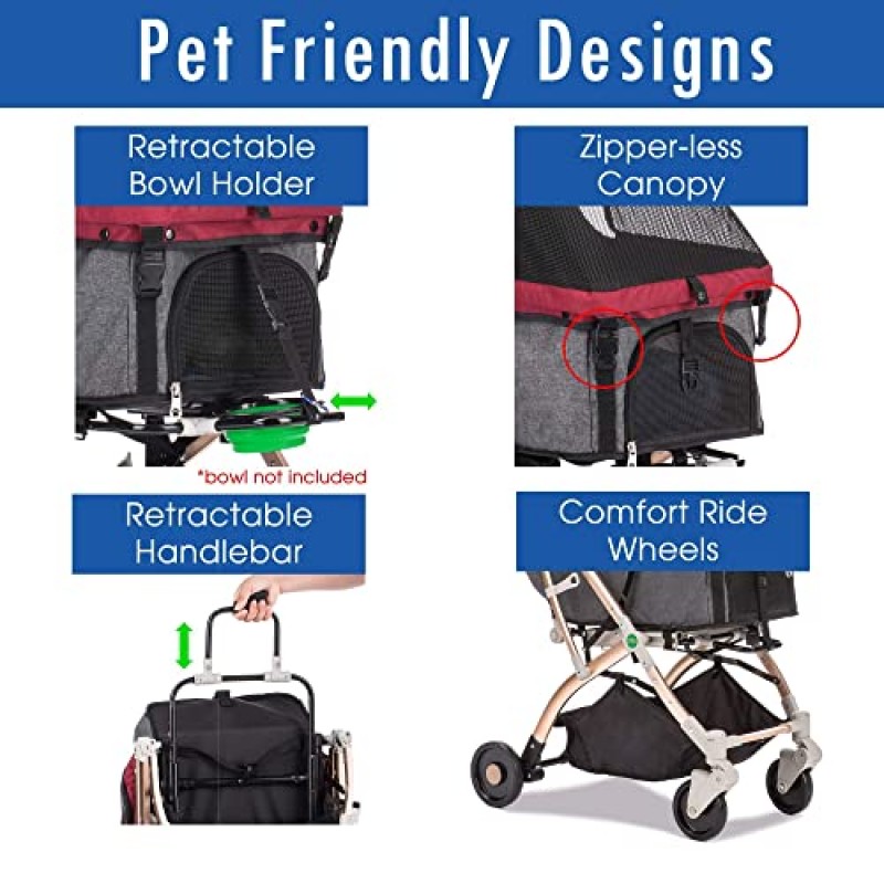 HPZ-PR America Pet Rover Lite 프리미엄 경량 개/고양이/애완동물 유모차 여행용 캐리지(컨버터블 칸 포함)/소형 및 중형 애완동물용 알루미늄 프레임(루비 레드 2세대)28x20x40인치(1팩)