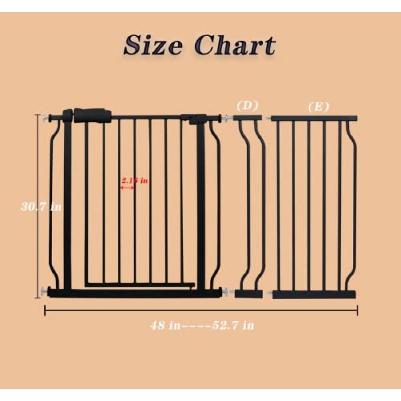 BELABB 엑스트라 와이드 베이비 게이트 장력 실내 안전 게이트 검은 금속 대형 애완 동물 게이트 압력 장착형 집 출입구 계단용 긴 개 게이트 통과 도보(48인치-52.7인치/122cm-134cm, 검정색)