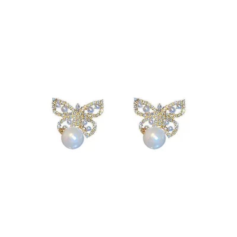 가벼운 럭셔리 고급 풀 다이아몬드 진주 나비 귀걸이, 기질 틈새 디자인 귀걸이, 과장된 틈새 차가운 스타일 귀걸이