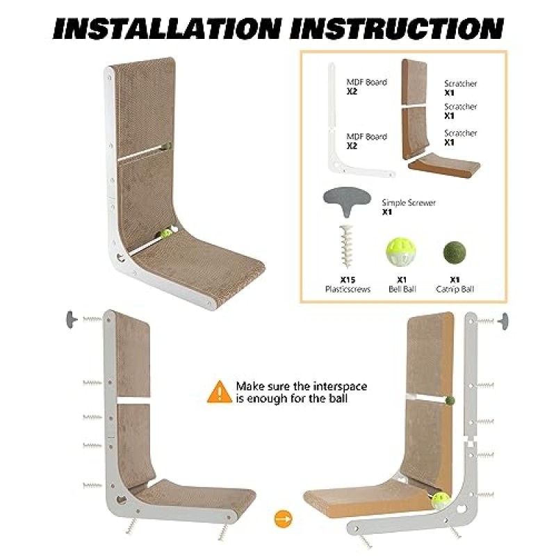 SMARTBEAN 골판지 고양이 긁는 도구, 수직 고양이 긁는 보드, 개박하 장난감 공이 내장된 23.6인치 L자형 고양이 스크래치 패드, 실내 고양이용 벽걸이 고양이 긁는 도구