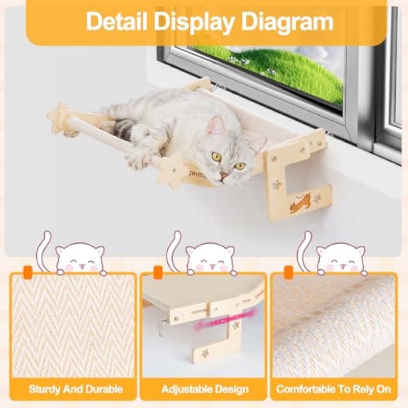 고양이 창 농어 고양이 해먹 두 개의 강한 내마모성 천 쿠션이 있는 고양이 침대 설치가 용이함 창틀 캐비닛 서랍 및 침대 옆에 장착하기에 적합한 단단한 나무 프레임