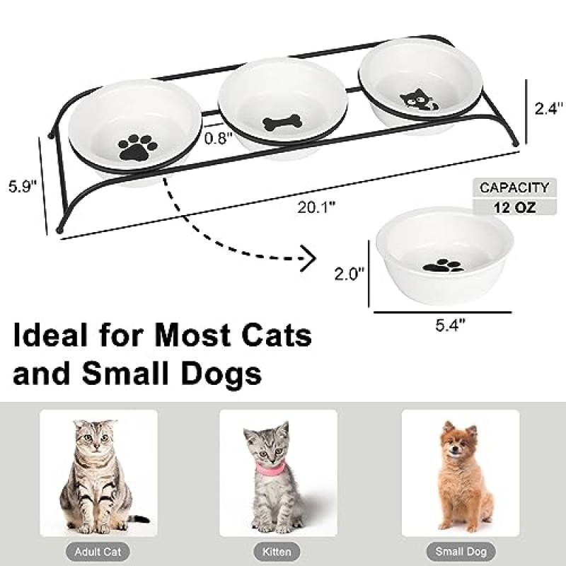 YauYik 스탠드가 있는 고양이 그릇 - 여러 마리의 고양이 또는 강아지를 위해 높은 소형 개 그릇 - 세라믹 애완동물 급식기 그릇 접시 3개 세트(높은 미끄럼 방지 금속 홀더 포함), 고양이 개 척추 보호