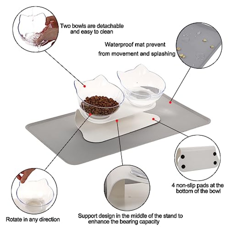 LKSTK 방수 매트가 있는 고양이 사료 그릇 키우기, 이중 높이 고양이 그릇, 높이 스탠드가 있는 15° 기울어진 고양이 그릇, 흰색 애완동물 급식기 사료 및 물 그릇, 고양이와 소형견용 습식 및 건식 사료 그릇 세트