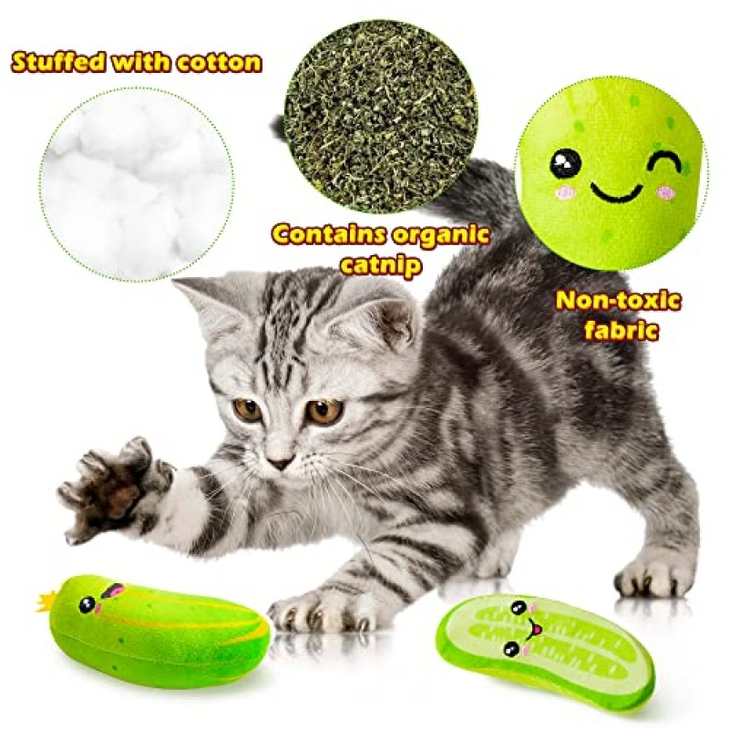 MALLMALL6 5Pcs 고양이를위한 피클 오이 Catnip 장난감, 실내 고양이 씹는 물린 킥 봉제 Catmint 애완 동물 장난감 고양이 애호가 선물 용품, 애완 동물 선물을위한 귀여운 표현이있는 대화 형 고양이 장난감