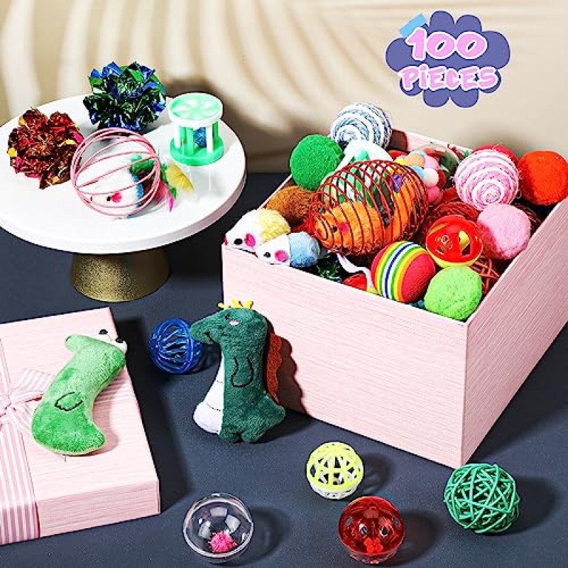 Lenwen 100 Pcs 고양이 장난감 세트 대량 고양이 모피 쥐 장난감 벨 모피 Pompom 딸랑이 마우스와 다양한 플라스틱 공 모듬 대화 형 Catnip 장난감 베개 씹는 물린 실내 새끼 고양이 고양이를위한 멋진 선물 캐치 플레이