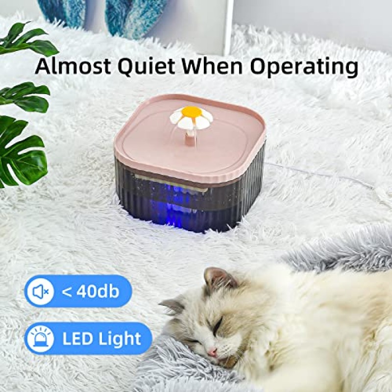 JEERAMIA 85oz/2.5L 고양이 분수(LED 조명 포함), 초저소음 애완동물 물 디스펜서(스마트 펌프 및 교체 필터 3개 포함), 개와 고양이용 자동 꽃 분수(핑크)