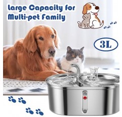 MewDgland 고양이 분수 3L/101oz 스테인레스 스틸, 2 in 1 고양이 먹이 그릇 및 고양이용 애완동물 분수, 개와 고양이를 위한 조용한 자동 물 디스펜서