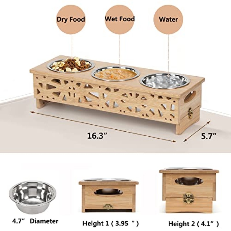 handrong 제기 고양이 먹이 그릇 높은 고양이 그릇 고양이 먹이와 물 그릇 대나무 고양이 먹이 그릇 애완 동물 먹이 그릇 스탠드 고양이와 강아지를위한 3 개의 스테인레스 스틸 그릇